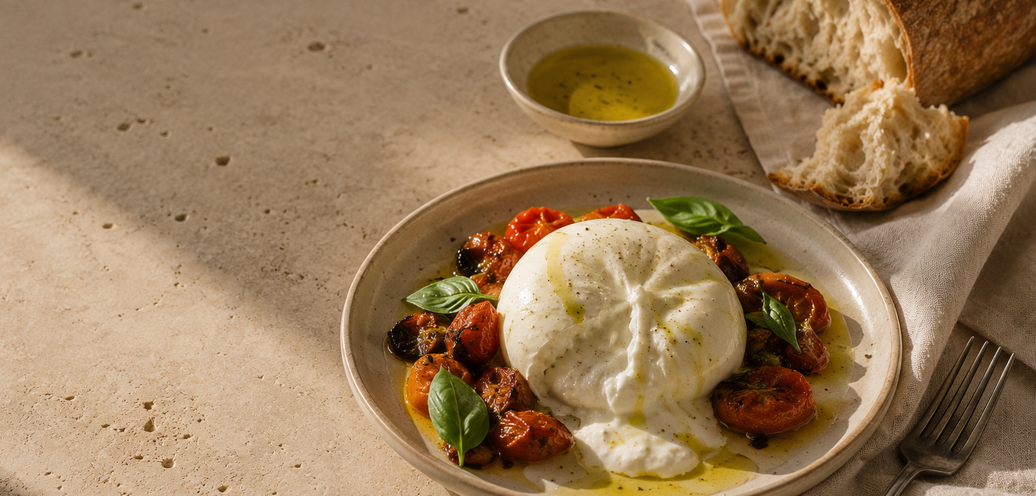 Creamy burrata served with slow-roasted tomatoes, basil and premium extra virgin olive oil