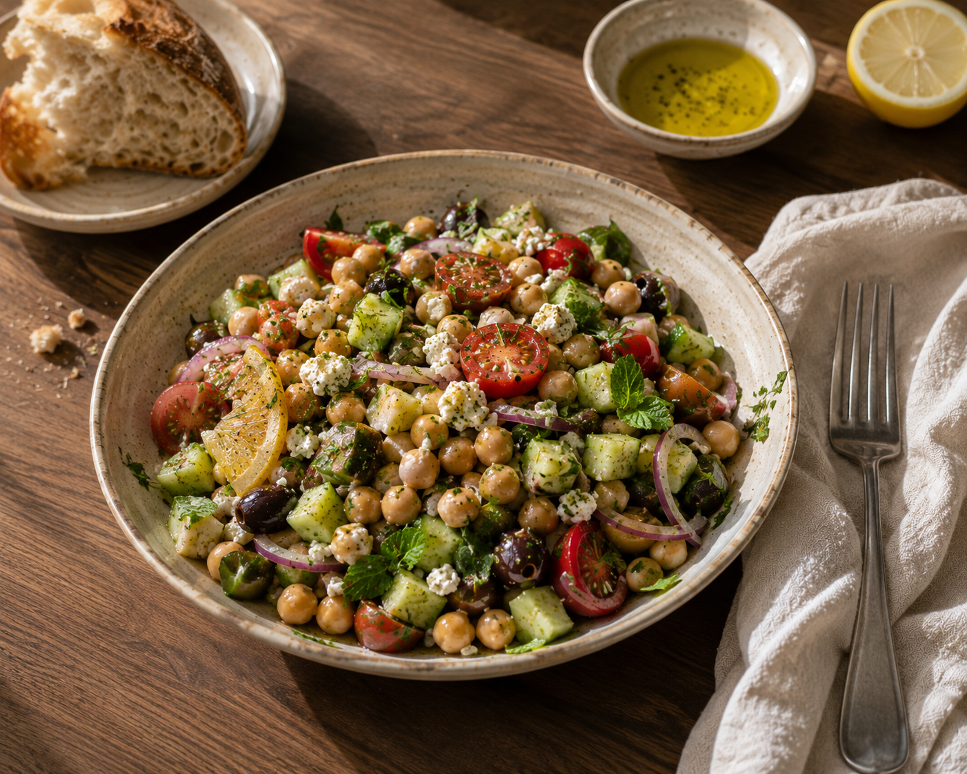 Mediterranean chickpea salad with cucumber, tomatoes, herbs and premium extra virgin olive oil