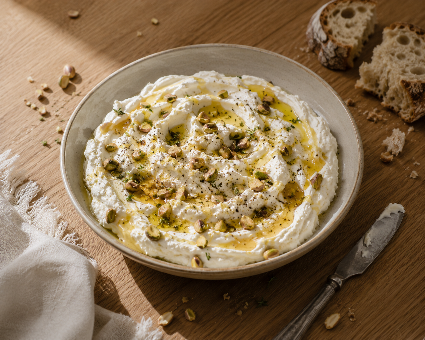 Creamy whipped feta topped with honey, pistachios and premium extra virgin olive oil