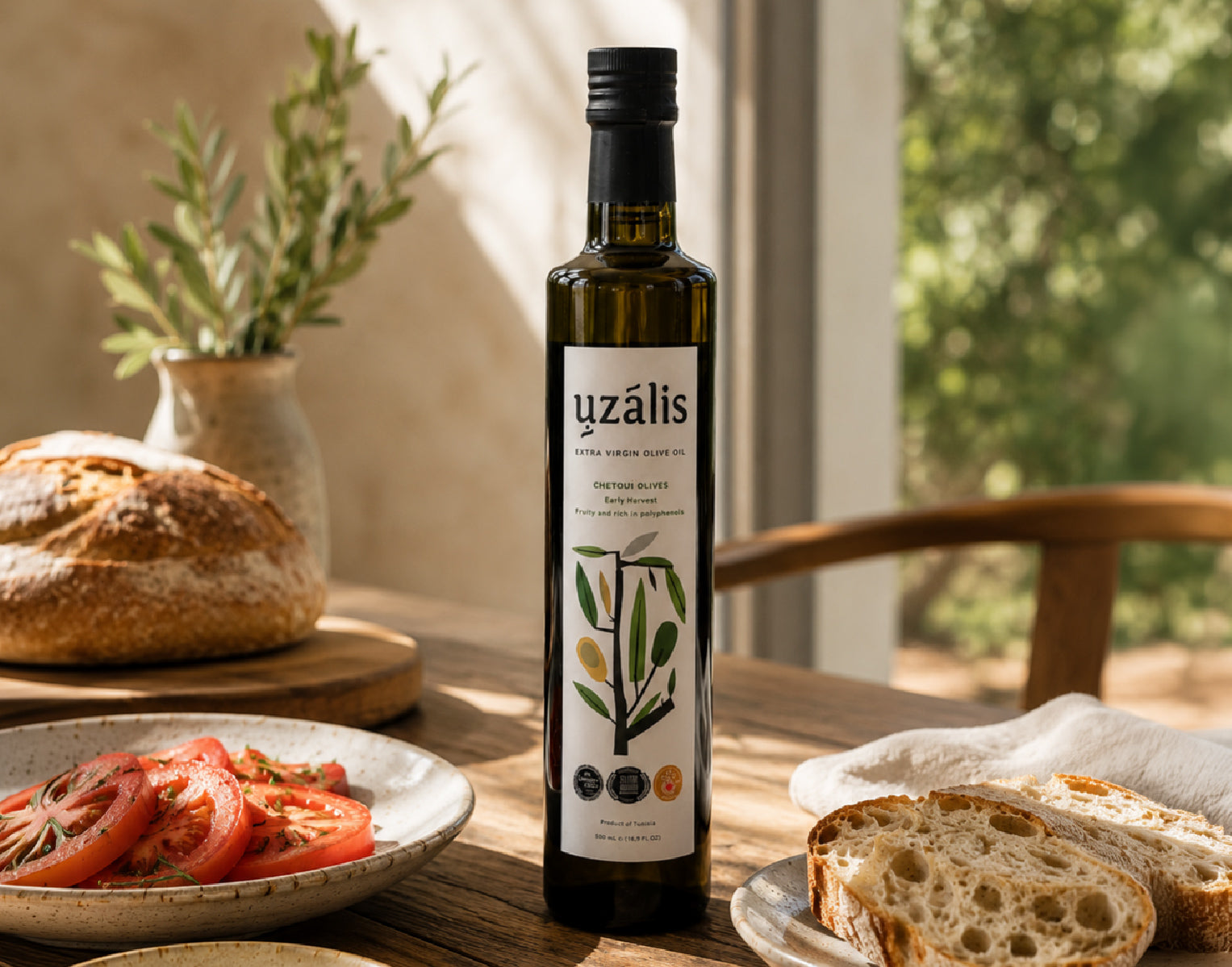 Uzalis Chetoui extra virgin olive oil served with fresh bread and Mediterranean ingredients