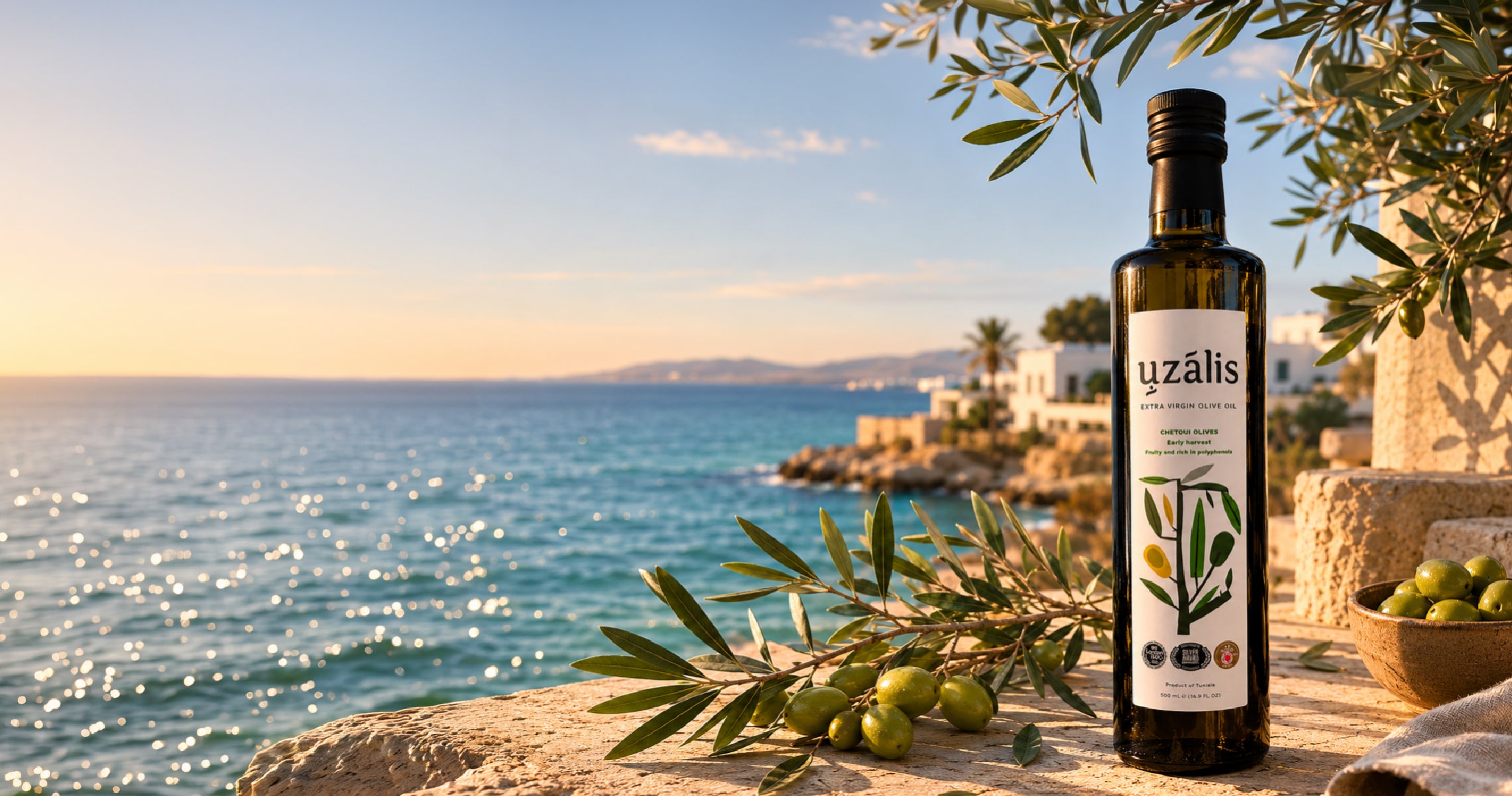 Uzalis premium Tunisian extra virgin olive oil overlooking the Mediterranean coast in northern Tunisia