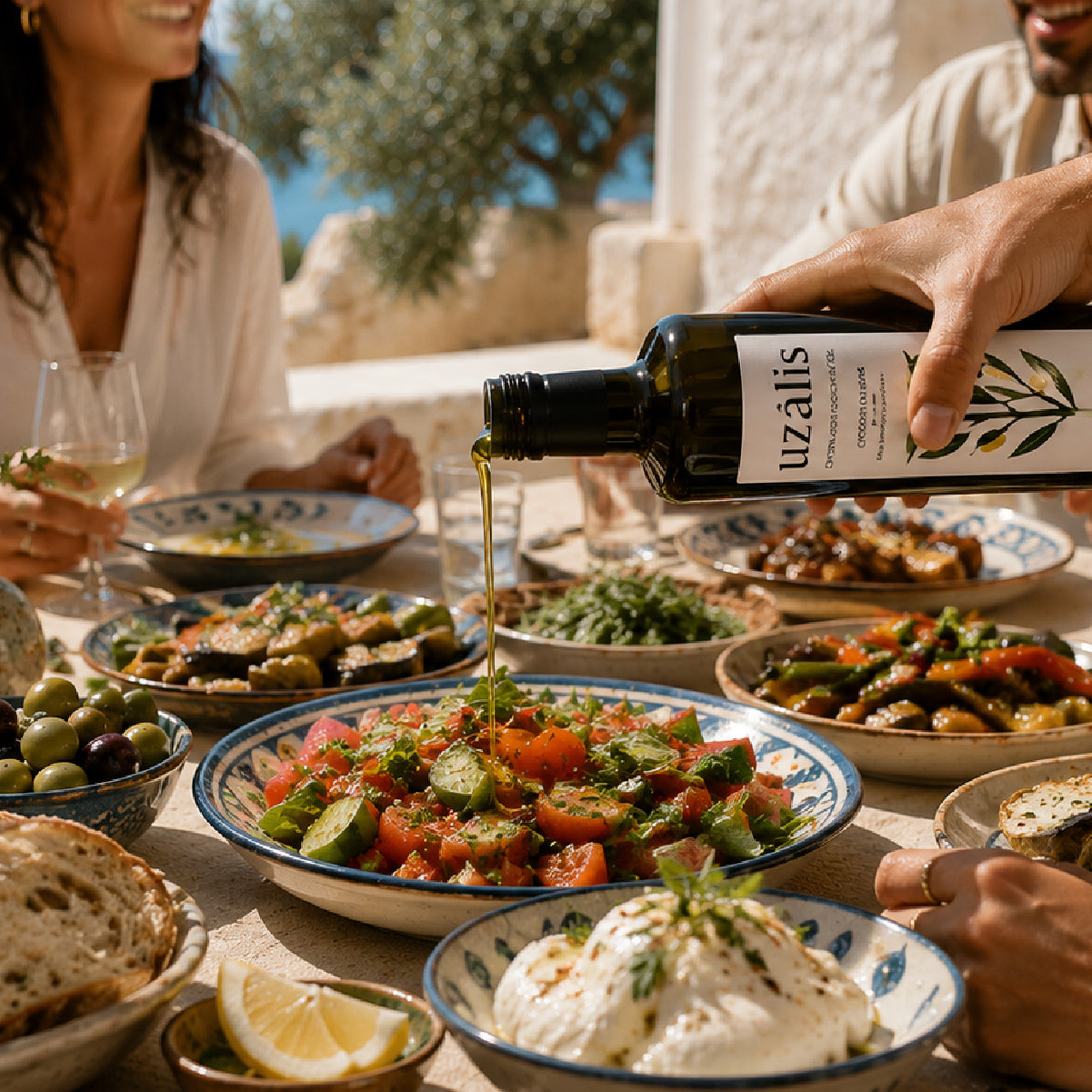 Uzalis Tunisian extra virgin olive oil being poured over a Mediterranean meal shared around the table