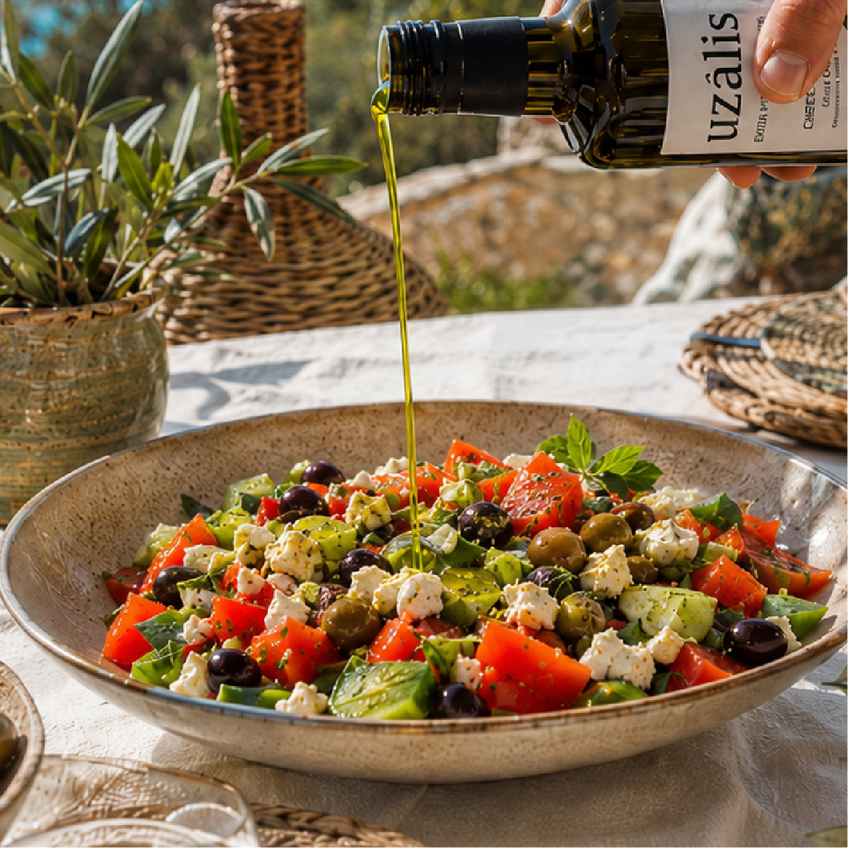 Mediterranean salad finished with premium Tunisian extra virgin olive oil