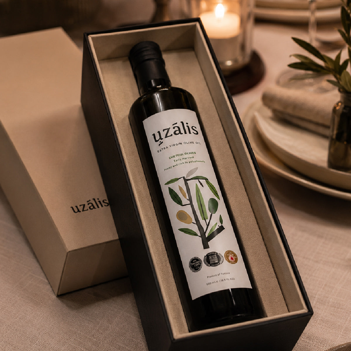 Uzalis premium extra virgin olive oil presented in luxury gift packaging