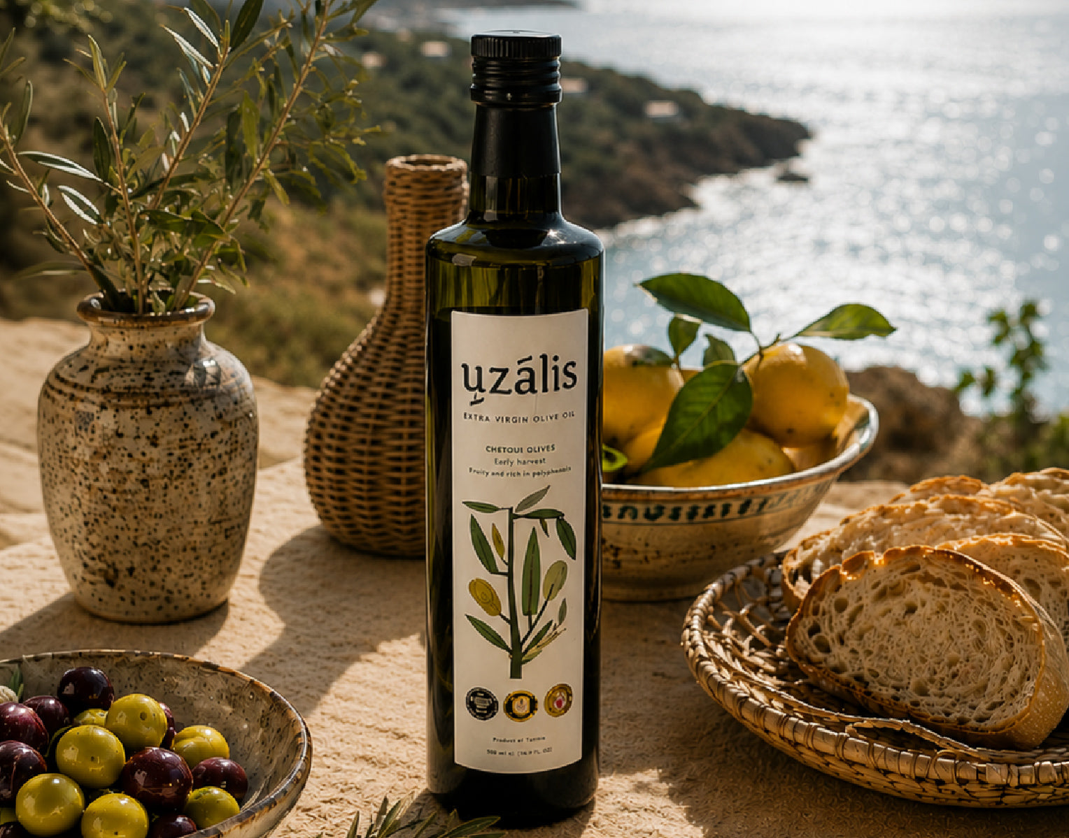 Uzalis premium Tunisian extra virgin olive oil bottle made from early harvest Chetoui olives overlooking the Mediterranean coast